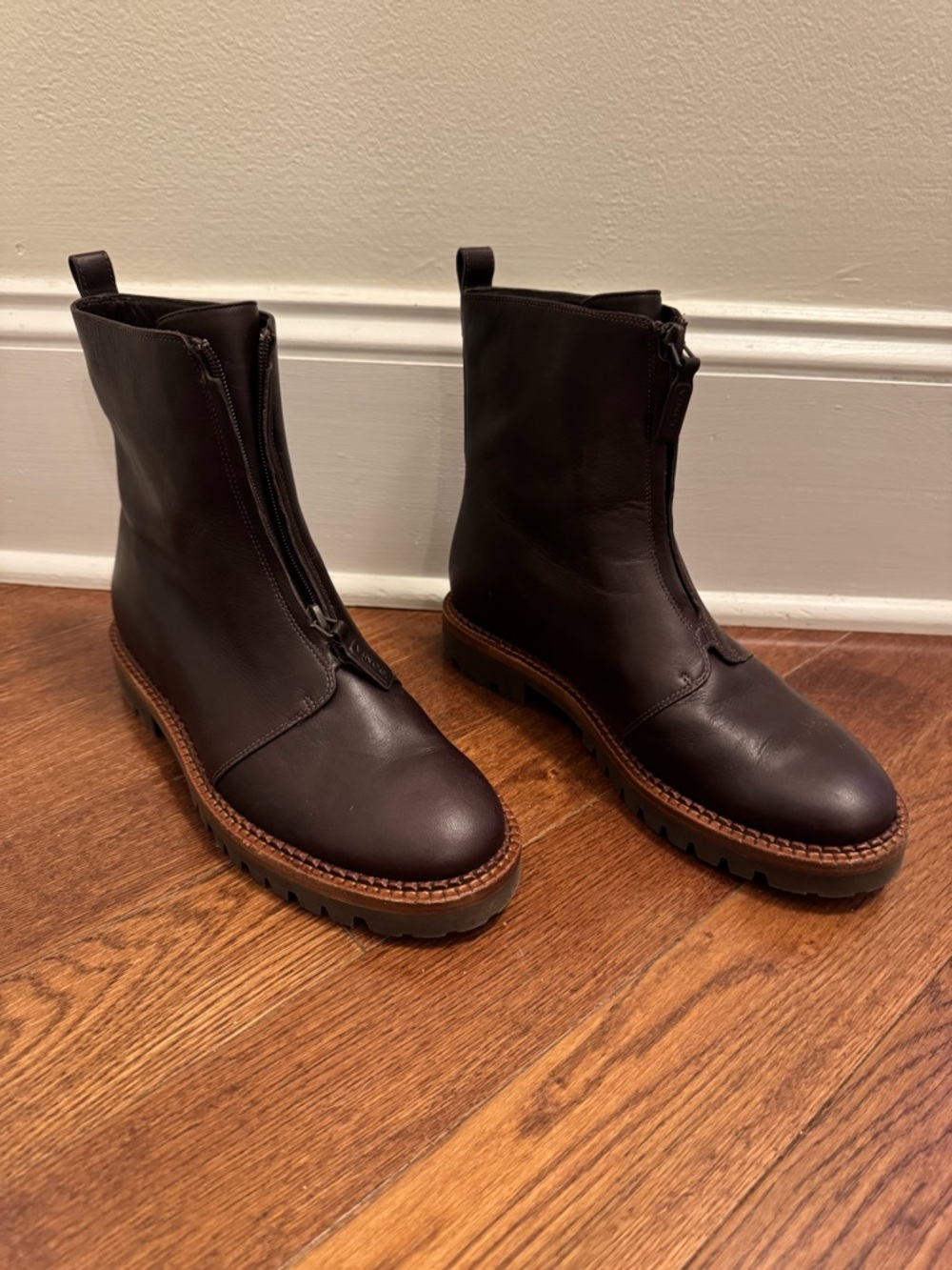 Vince Dark Brown Leather Zip-Up Lug Sole Boots